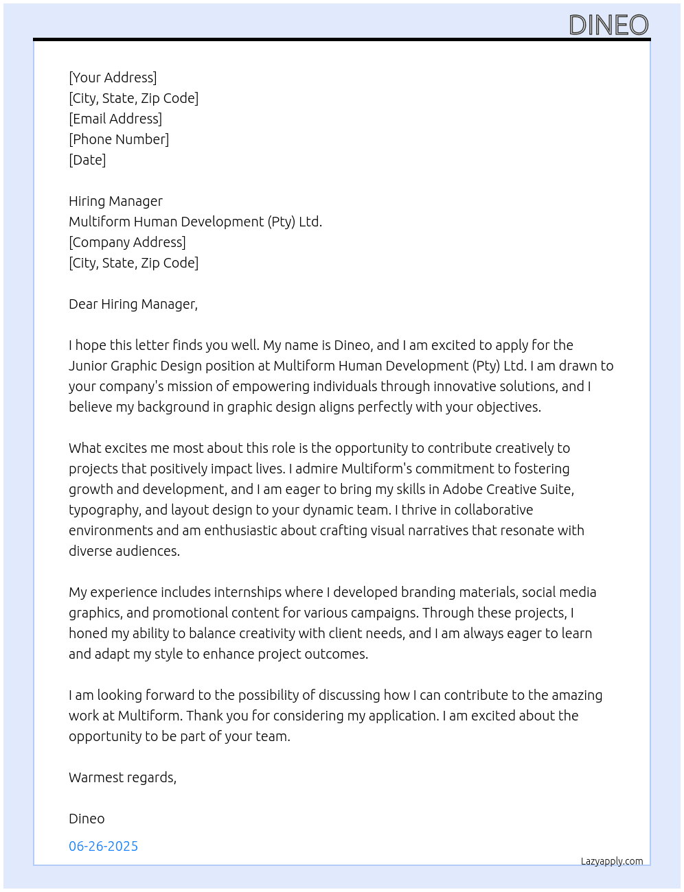 Cover letter for junior graphic design - LazyApply