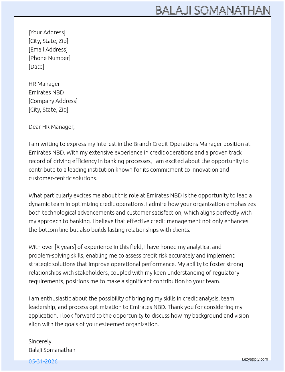 Branch Credit Operations Manager At Emirates NBD Cover Letter
