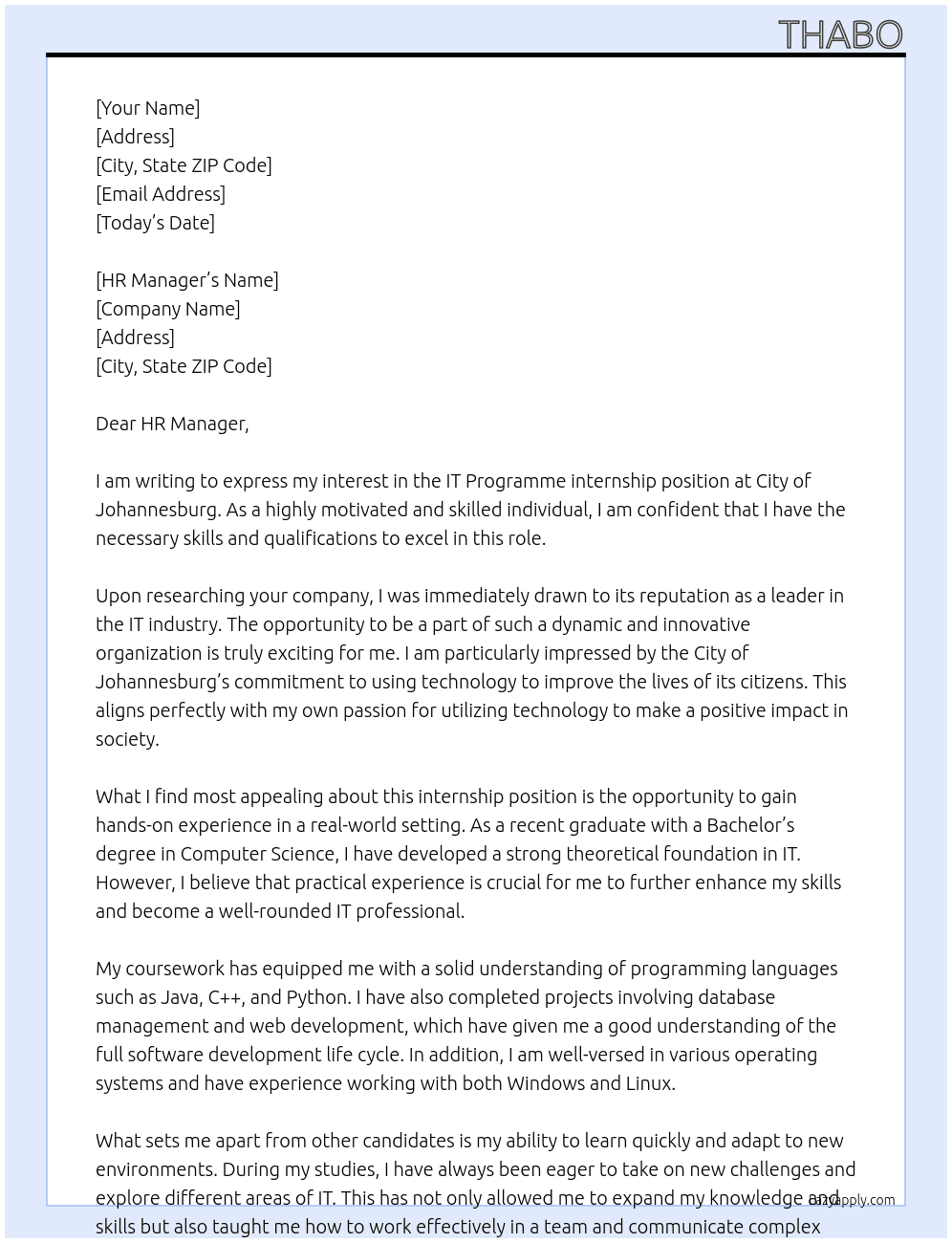 IT Programme internship At City of Johannesburg Cover Letter