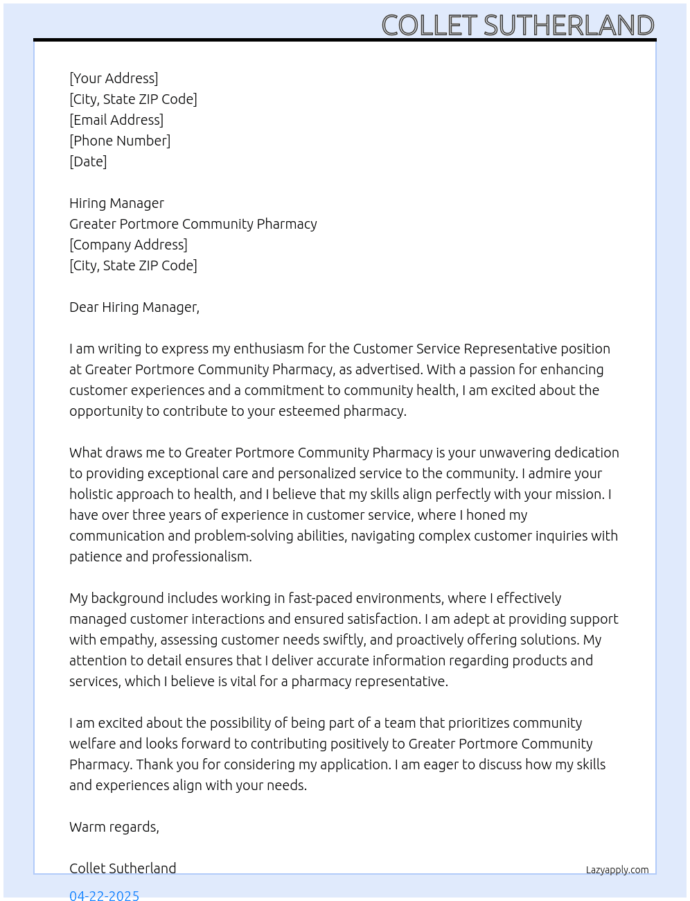 Customer Service Representative At Greater Portmore Community Pharmacy Cover Letter
