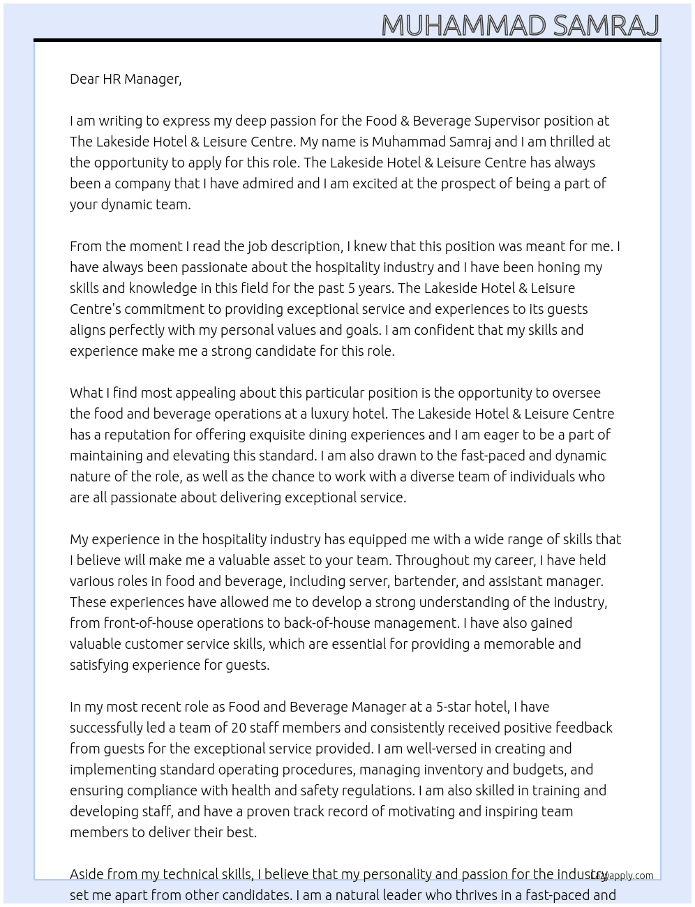 Food & Beverage Supervisor At The Lakeside Hotel & Leisure Centre Cover Letter