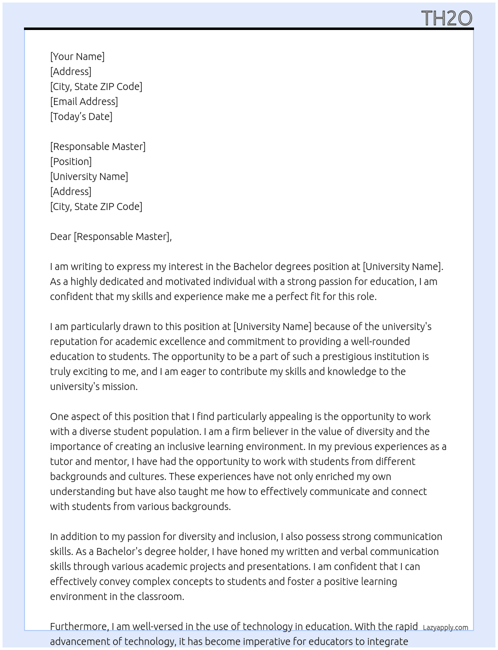 Cover letter for bachelor degrees - LazyApply