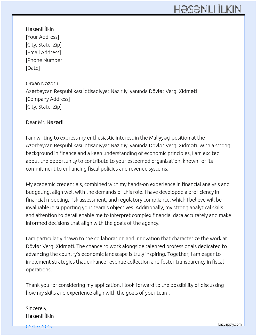Cover letter for maliyyəçi - LazyApply