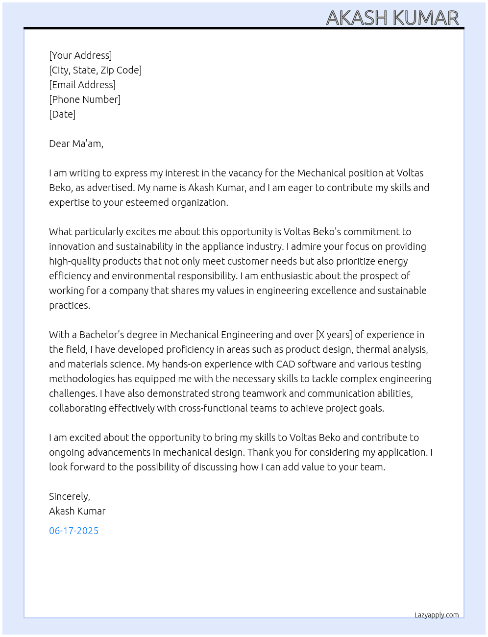 Regarding vacancy for the post of Mechanical  At Voltas Beko  Cover Letter