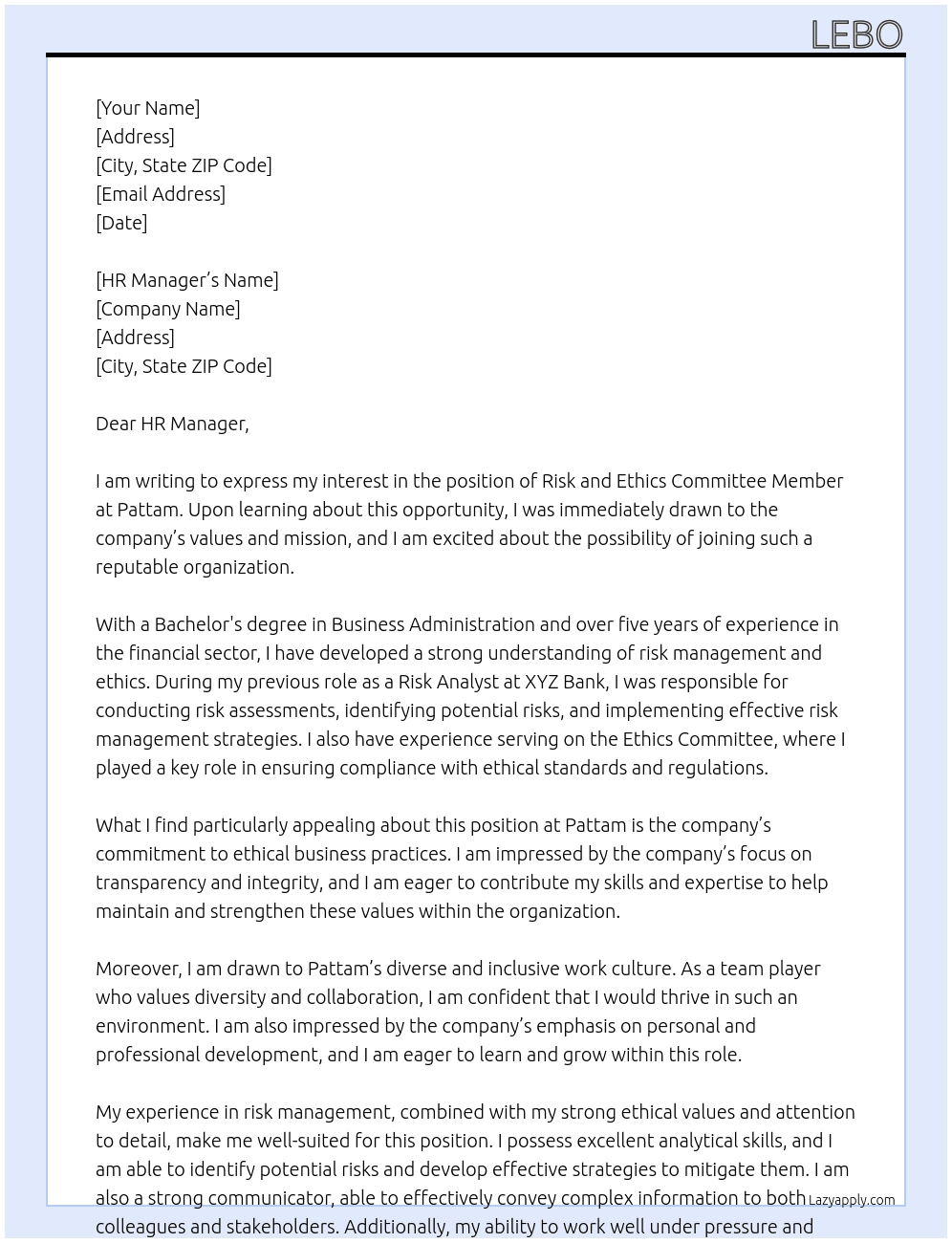 risk and ethics comittee members At pattam Cover Letter