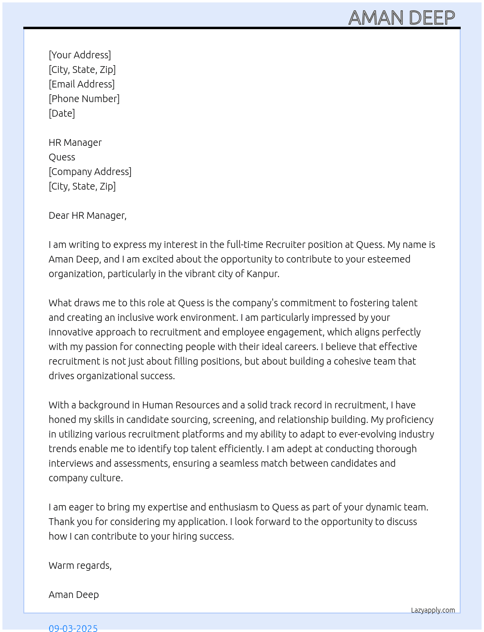 Recruiter  At Quess Cover Letter