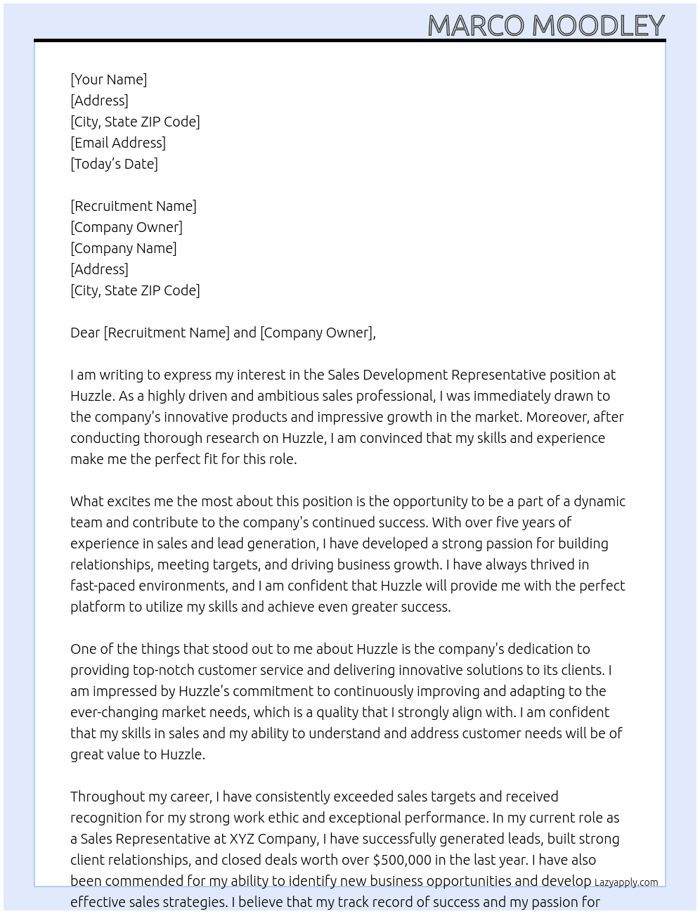 Sales Development Representative At Huzzle Cover Letter