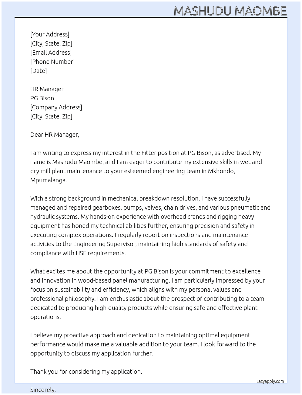 Fitter At PG Bison Cover Letter