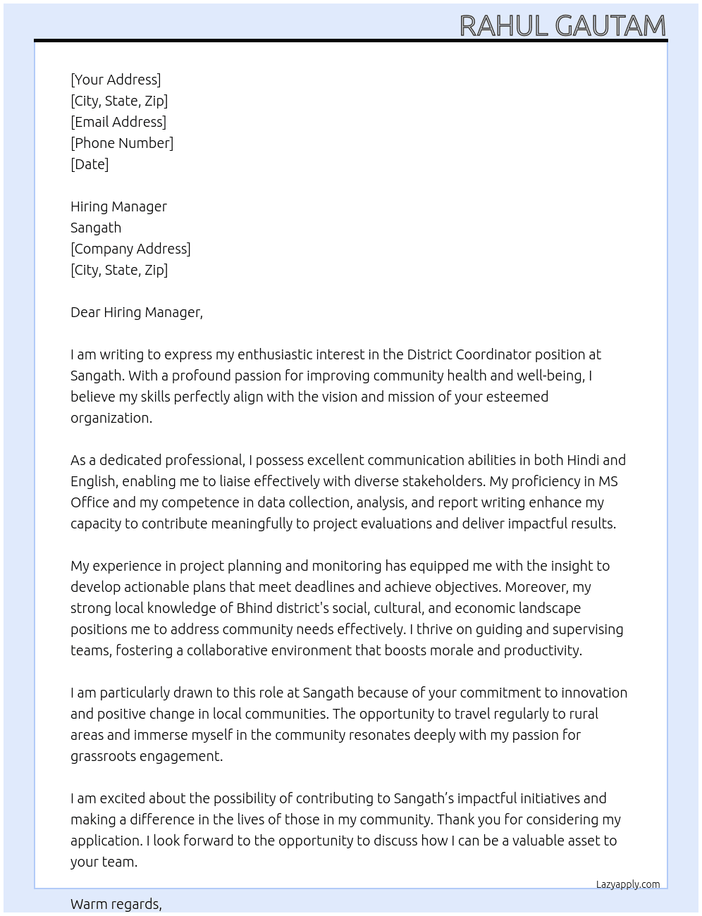 District Coordinator At sangath Cover Letter