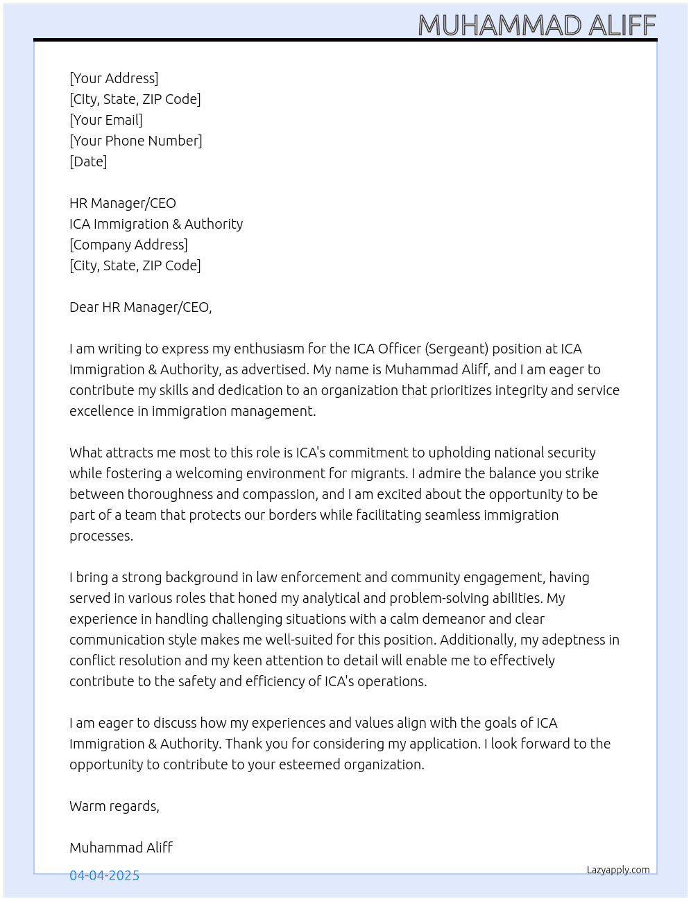 ICA OFFICER (SARGEANT) At ICA IMMIGRATION & AUTHORITY  Cover Letter