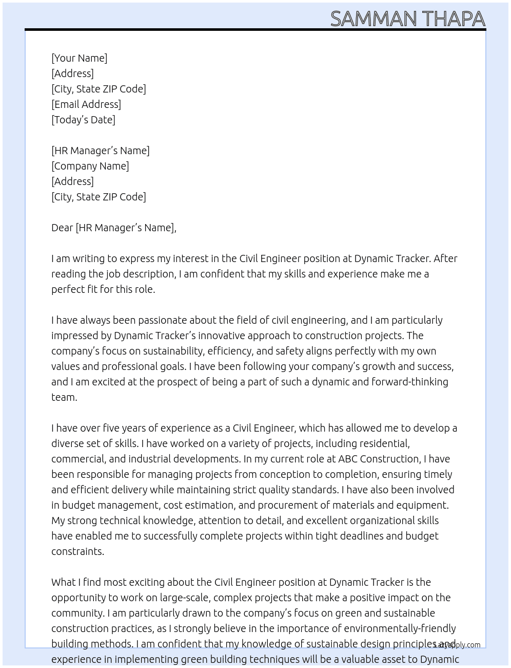 Civil Engineer  At Dynamic Tracker Cover Letter