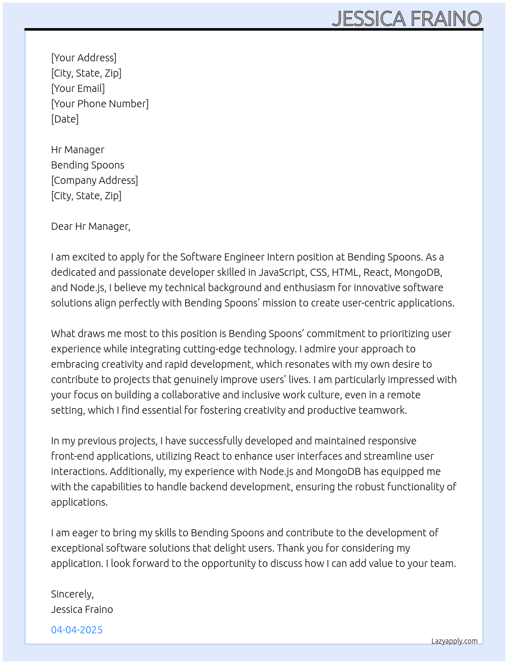 software engineer intern At Bending Spoons Cover Letter