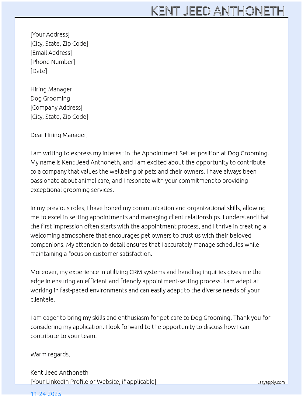 appointment setter At dog grooming Cover Letter