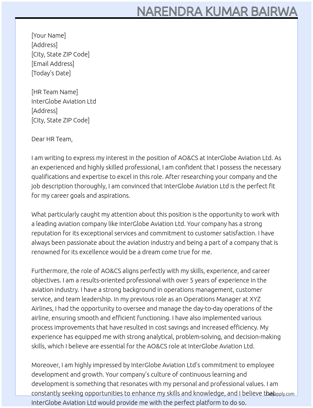 AO&CS At InterGlobe Aviation Ltd Cover Letter