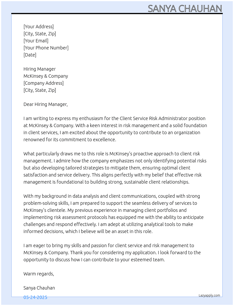 Client Service Risk Administrator At Mckinsey Cover Letter