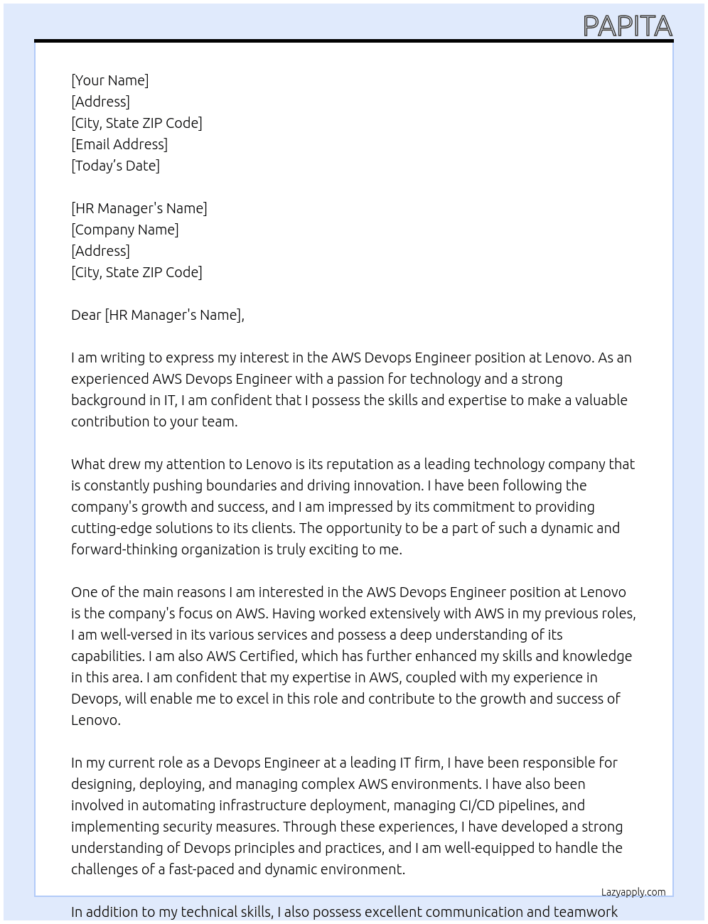 AWS Devops Engineer At Lenovo  Cover Letter