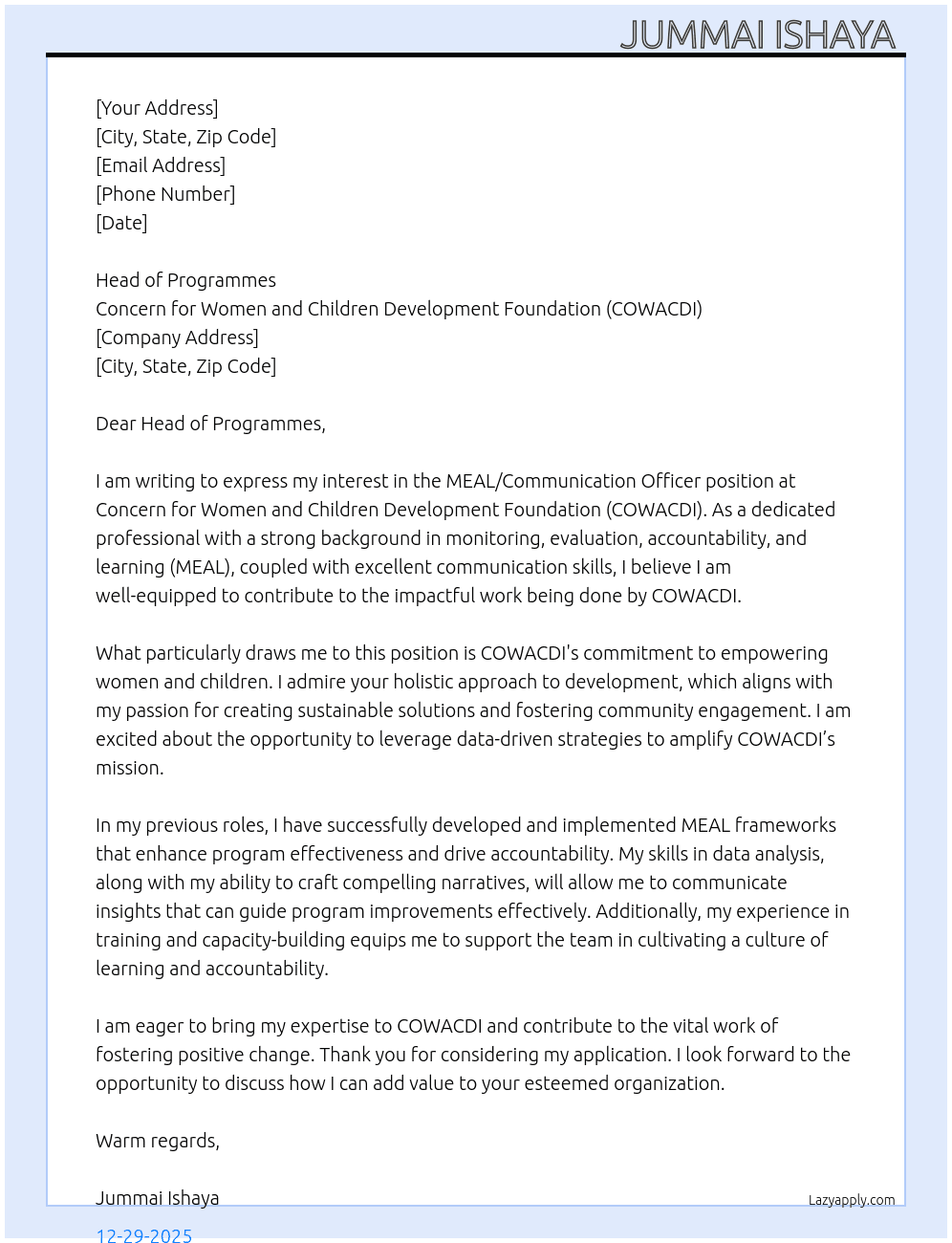 Cover letter for meal/communication officer - LazyApply