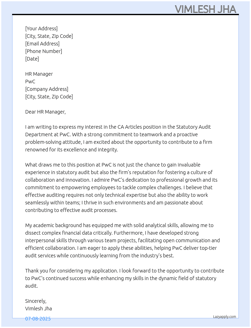Ca article  At PwC Cover Letter