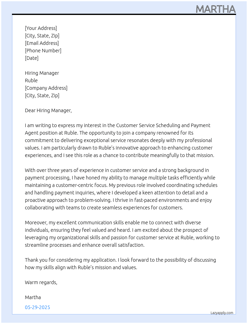 Customer Service Scheduling and Payment Agent At Ruble Cover Letter