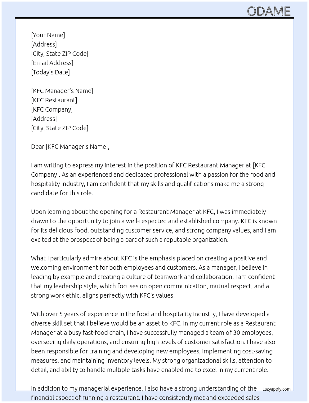 KFC restaurant  At KFC  Cover Letter