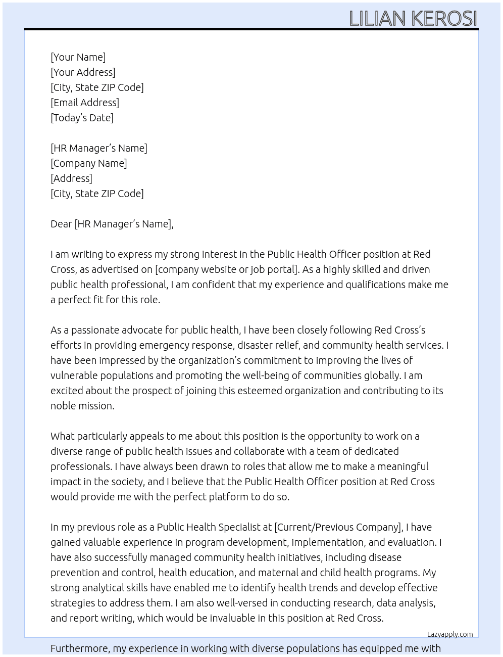 PUblic health officer At redcross Cover Letter