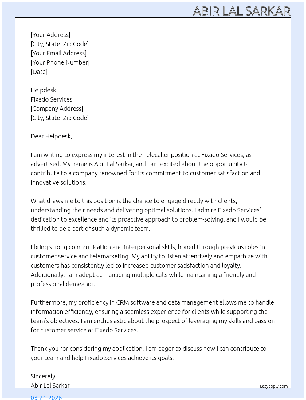 Telecaller  At Fixado Services Cover Letter