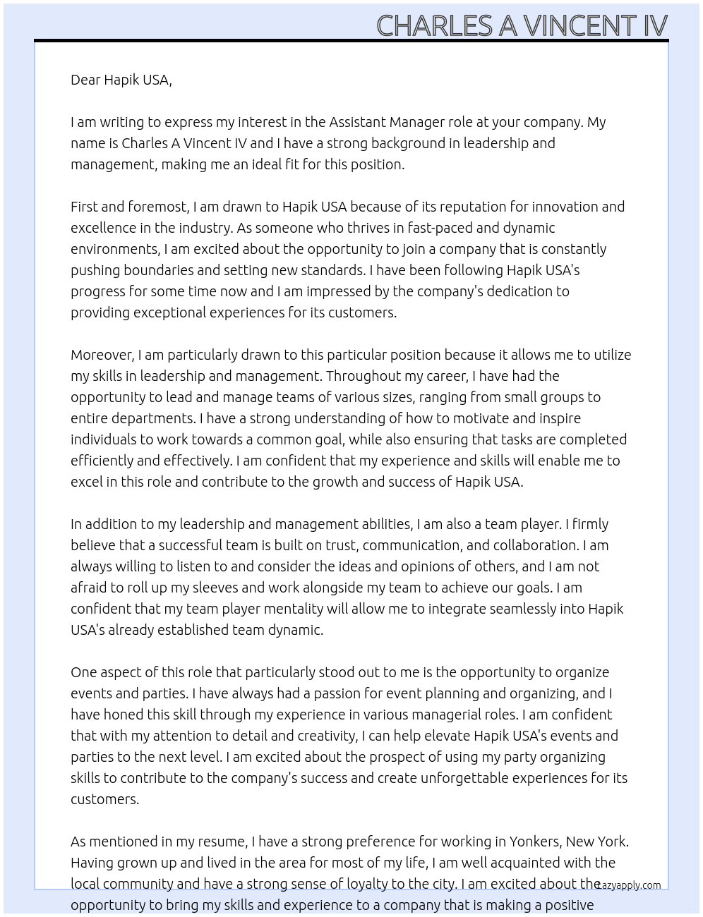 Managerial At Hapik USA Cover Letter