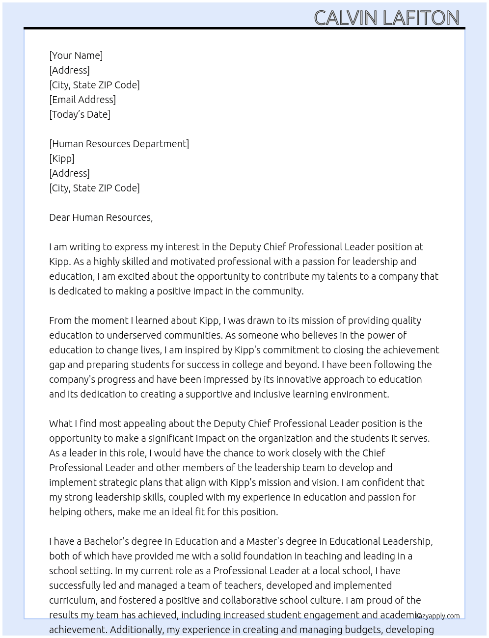Deputy Chief Professional Leader At Kipp Cover Letter