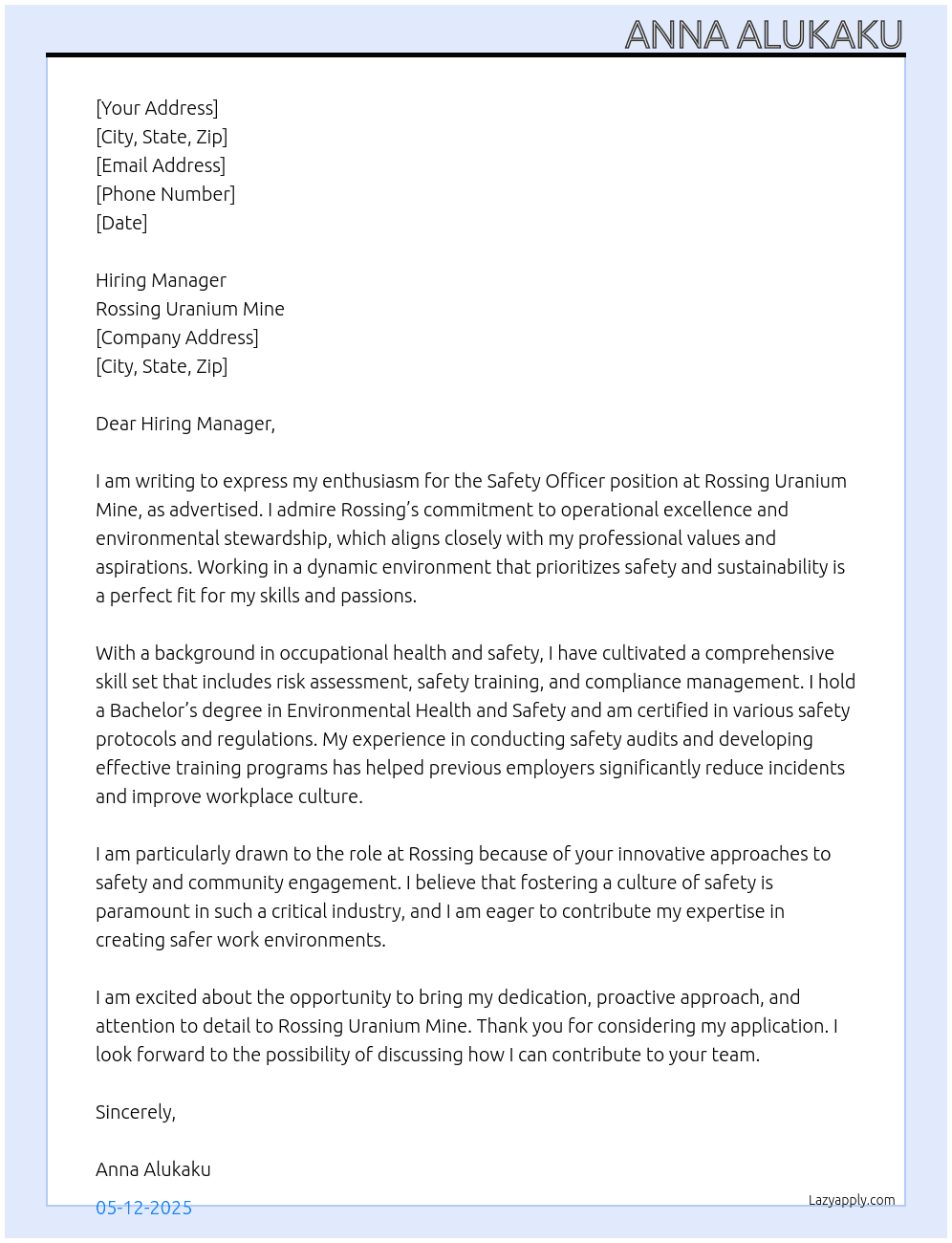 safety officer At rossing uranium mine Cover Letter