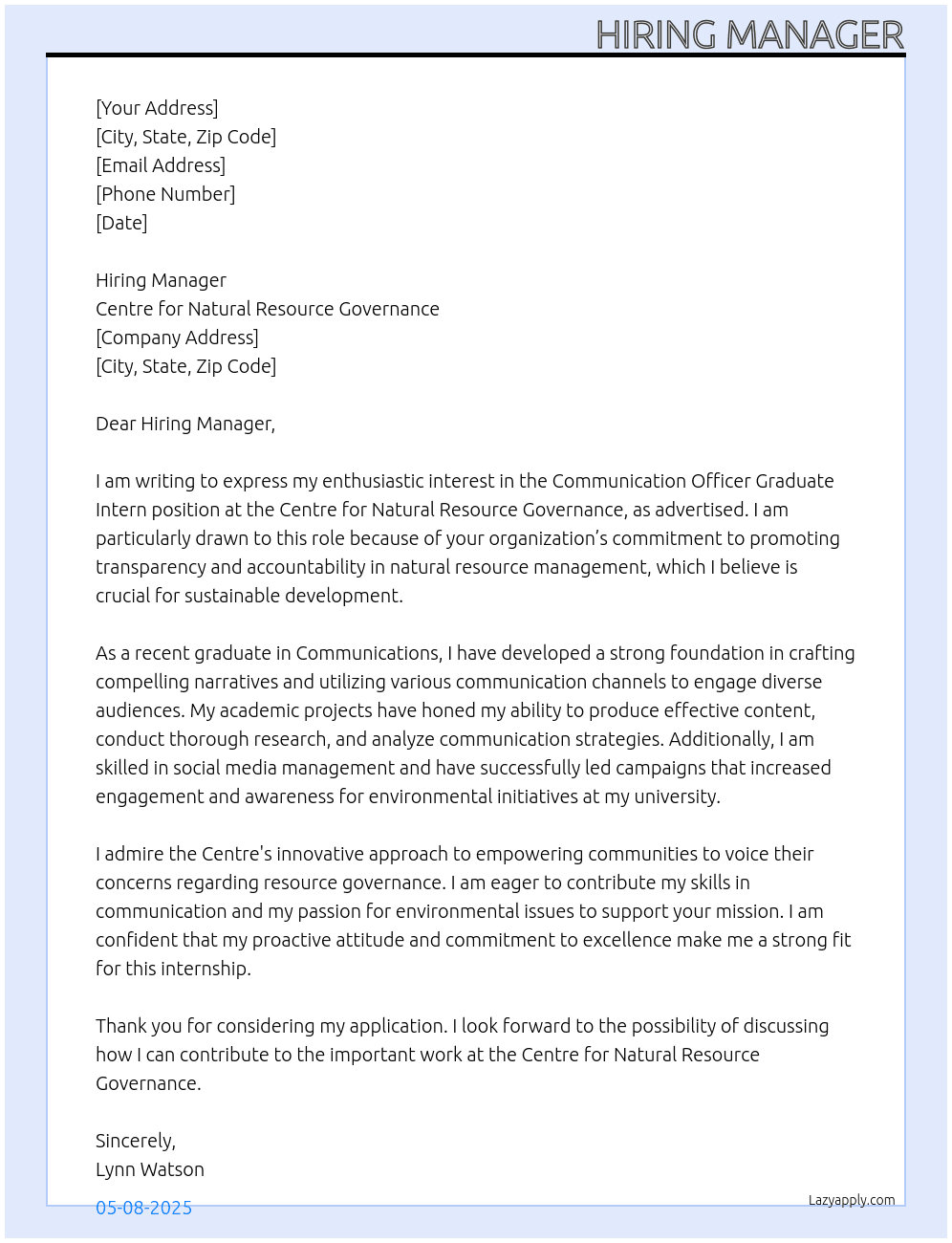 communication officer  graduate intern At Centre for Natural Resource Governance Cover Letter