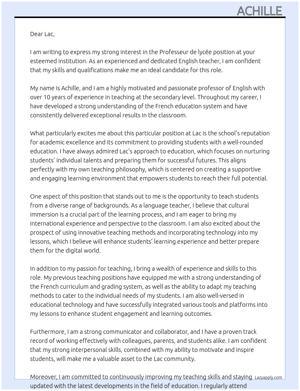 Professeur de lycée  At Lac Cover Letter