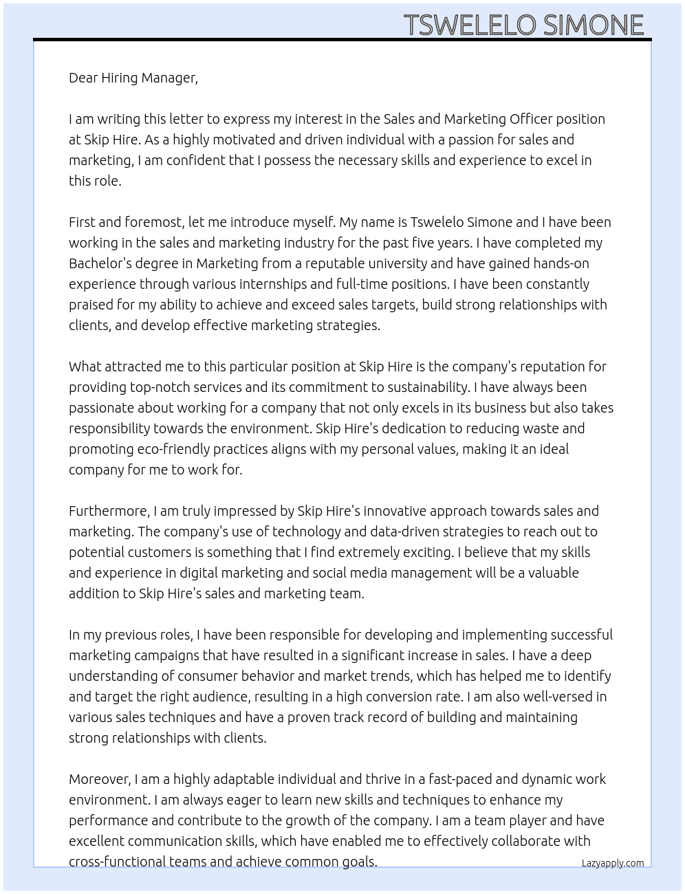 Sales and marketing officer At Skip Hire Cover Letter