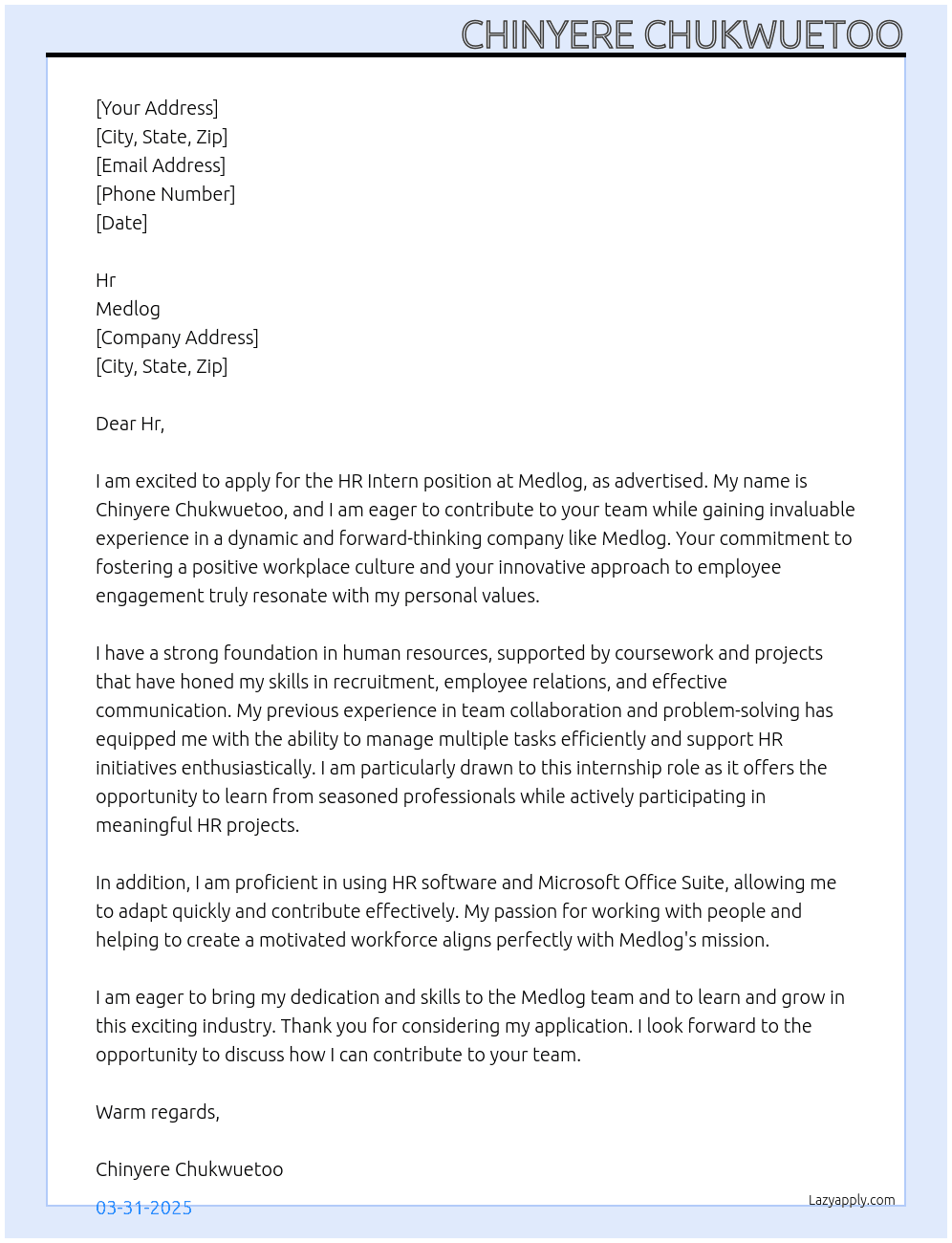 HR intern At Medlog Cover Letter
