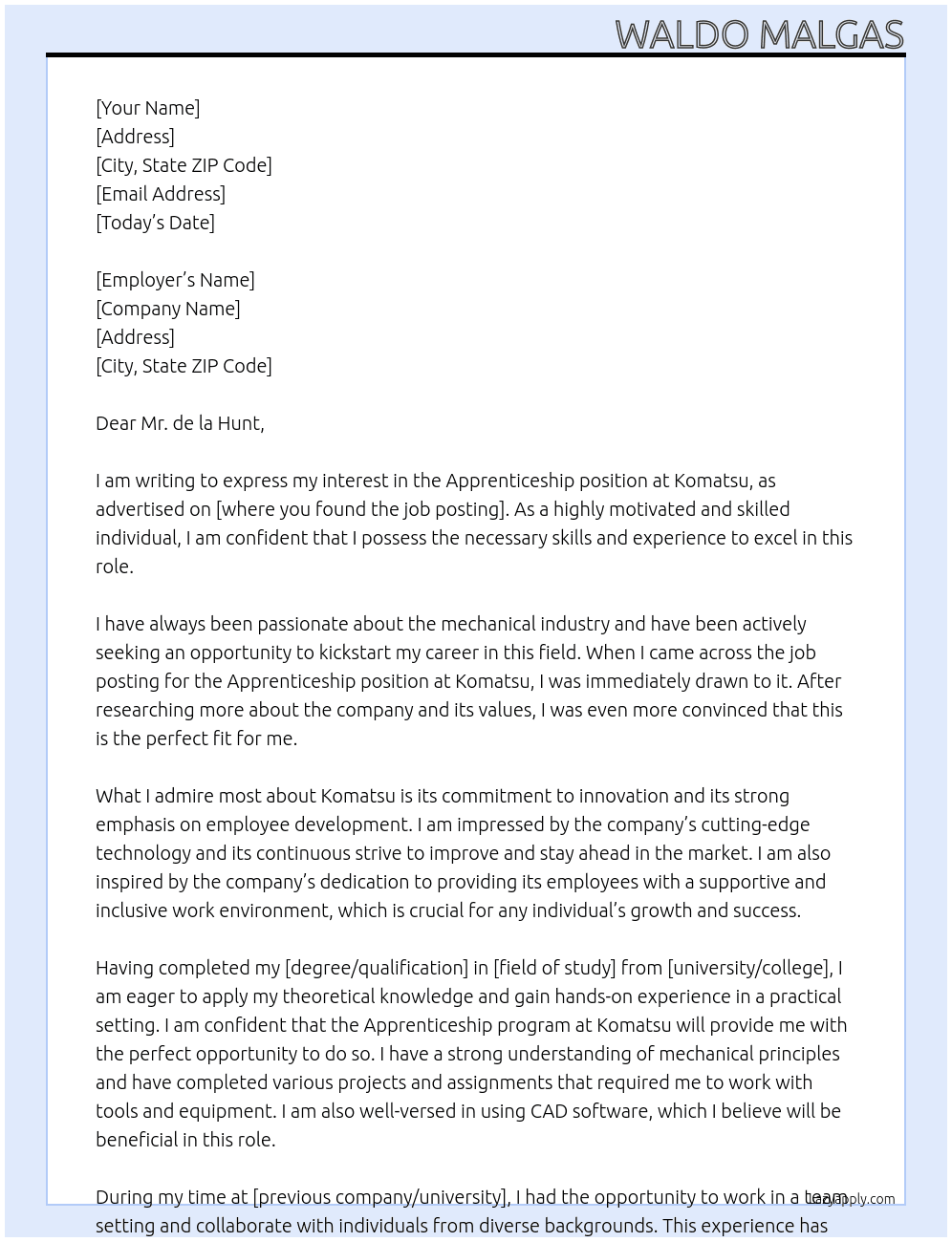 Apprenticeship At Komatsu Cover Letter