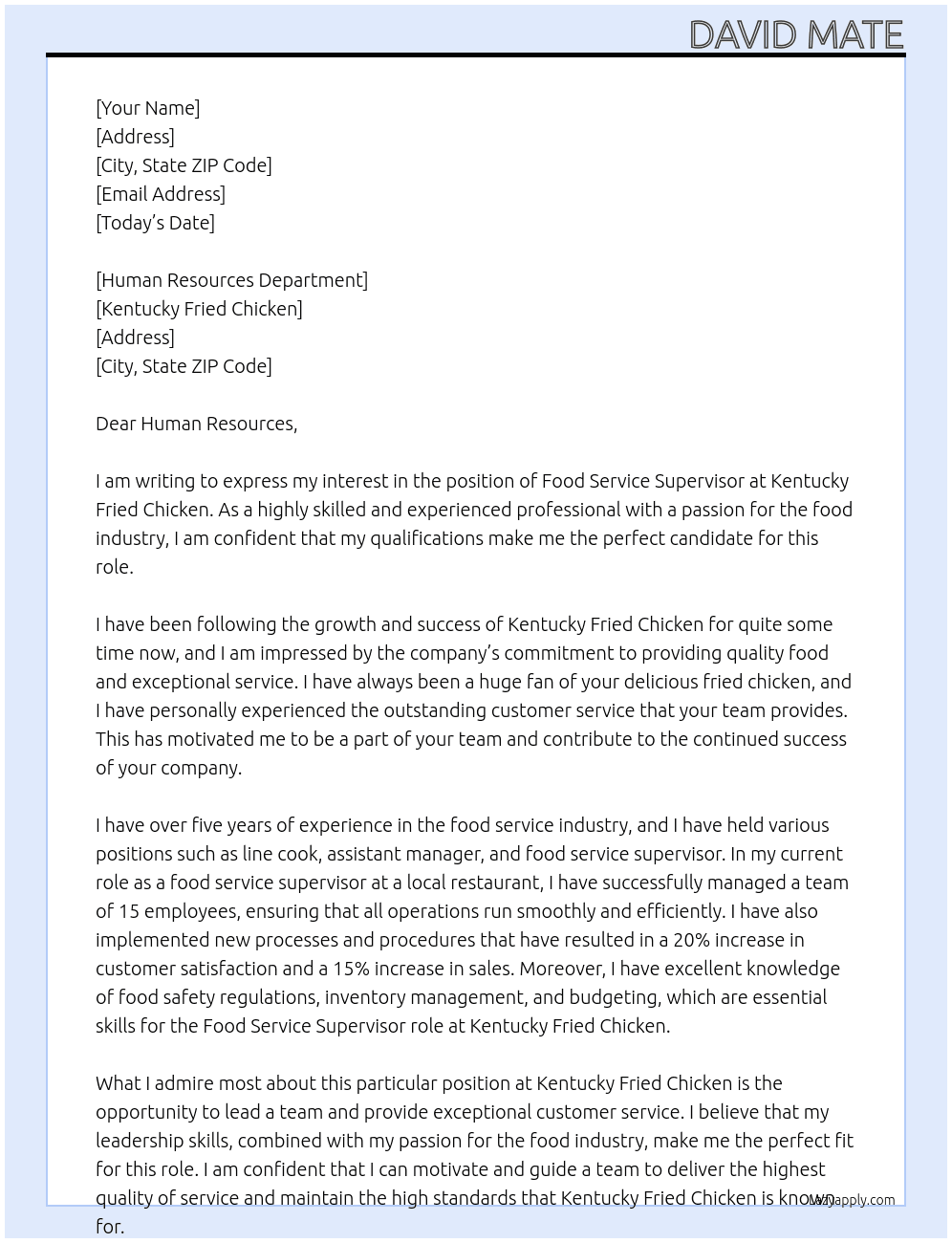 Food Service Supervisor At Kentucky Fried Chicken Cover Letter