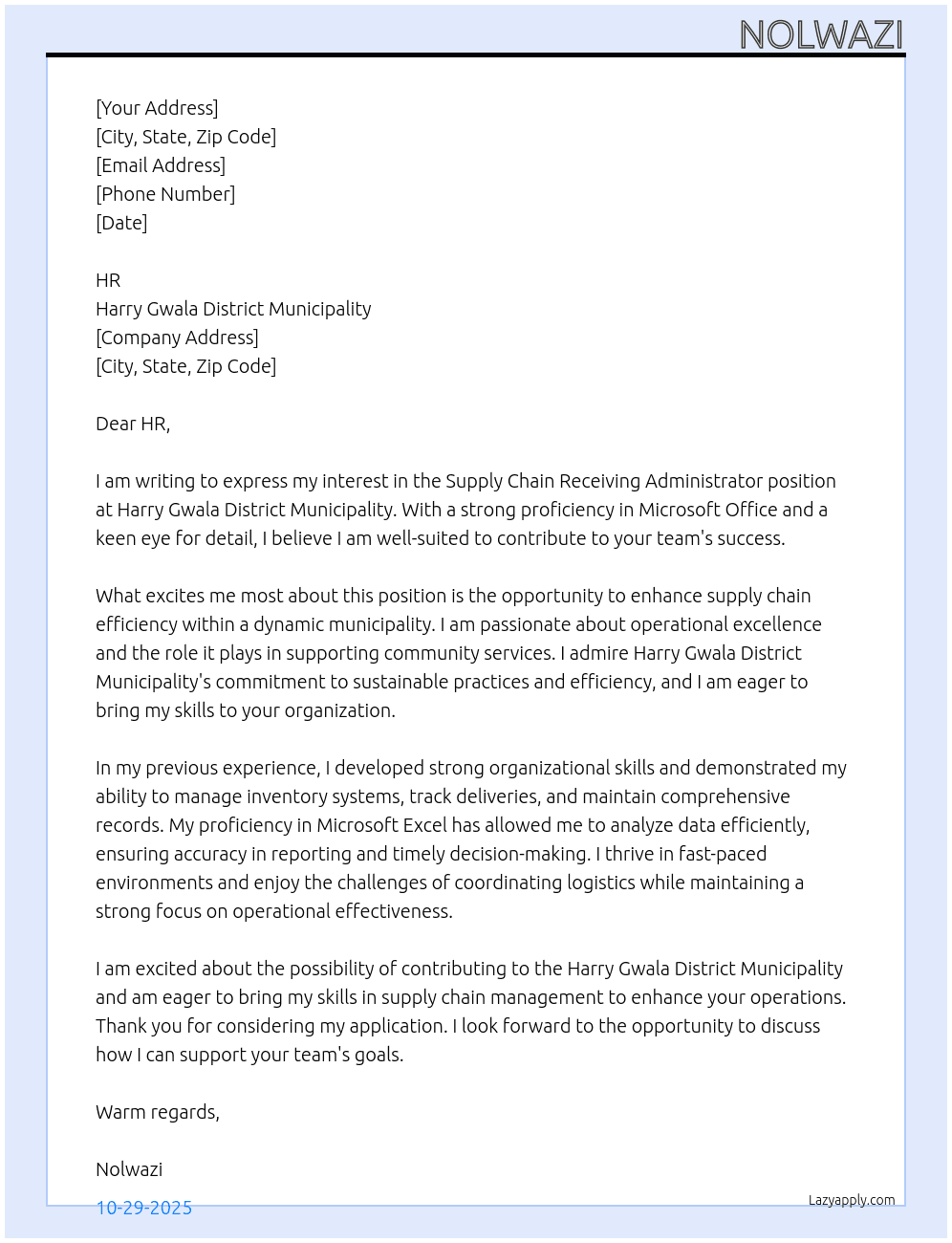 supply chain receiving administrator At harry gwala district municipality Cover Letter
