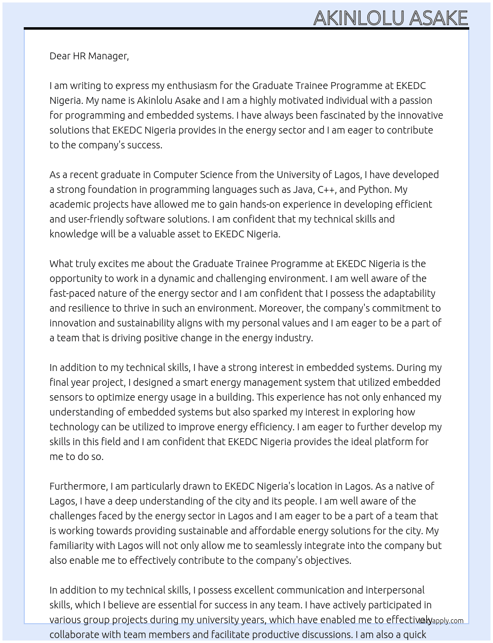Cover letter for graduate traineeprogramme - LazyApply