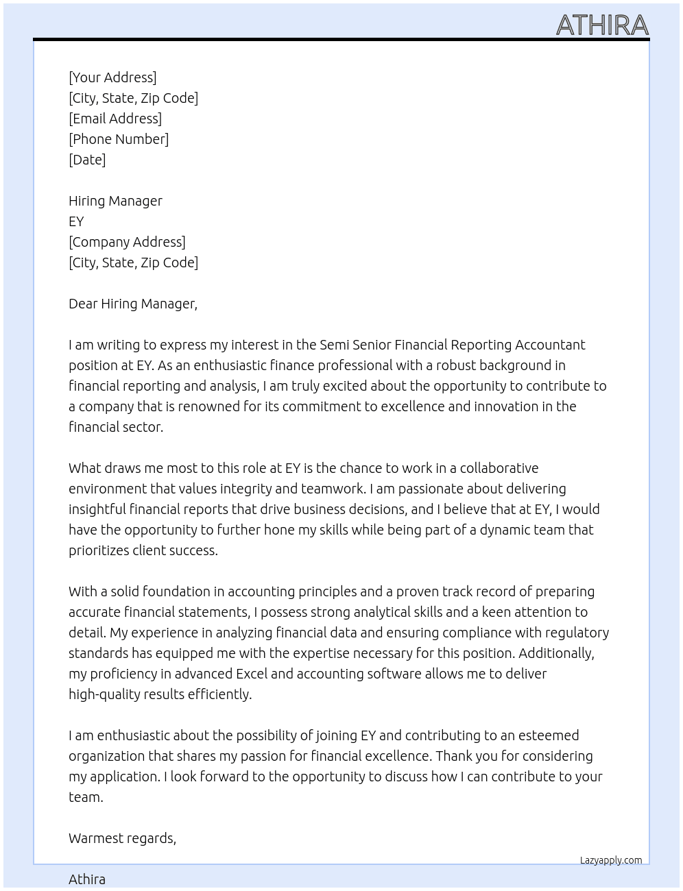Cover letter for semi senior financial rreporting accountant - LazyApply