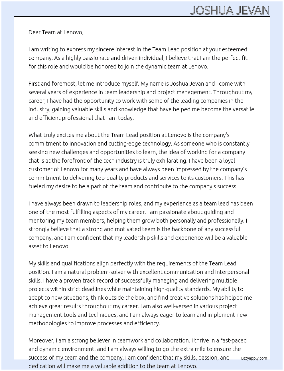 Team Lead At Lenovo Cover Letter