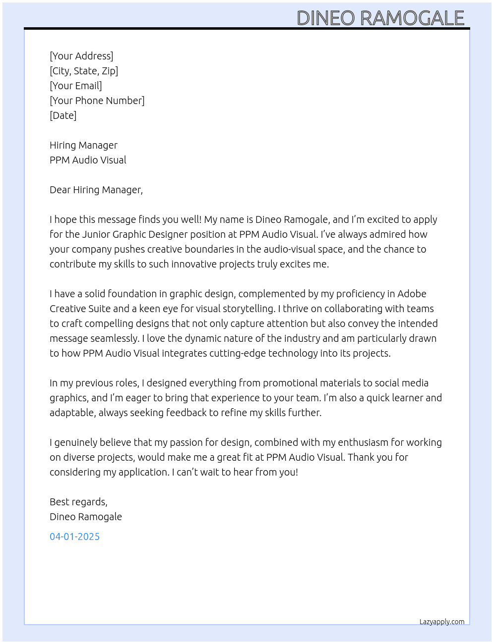 Junior graphic designer  At PPM Audio Visual Cover Letter