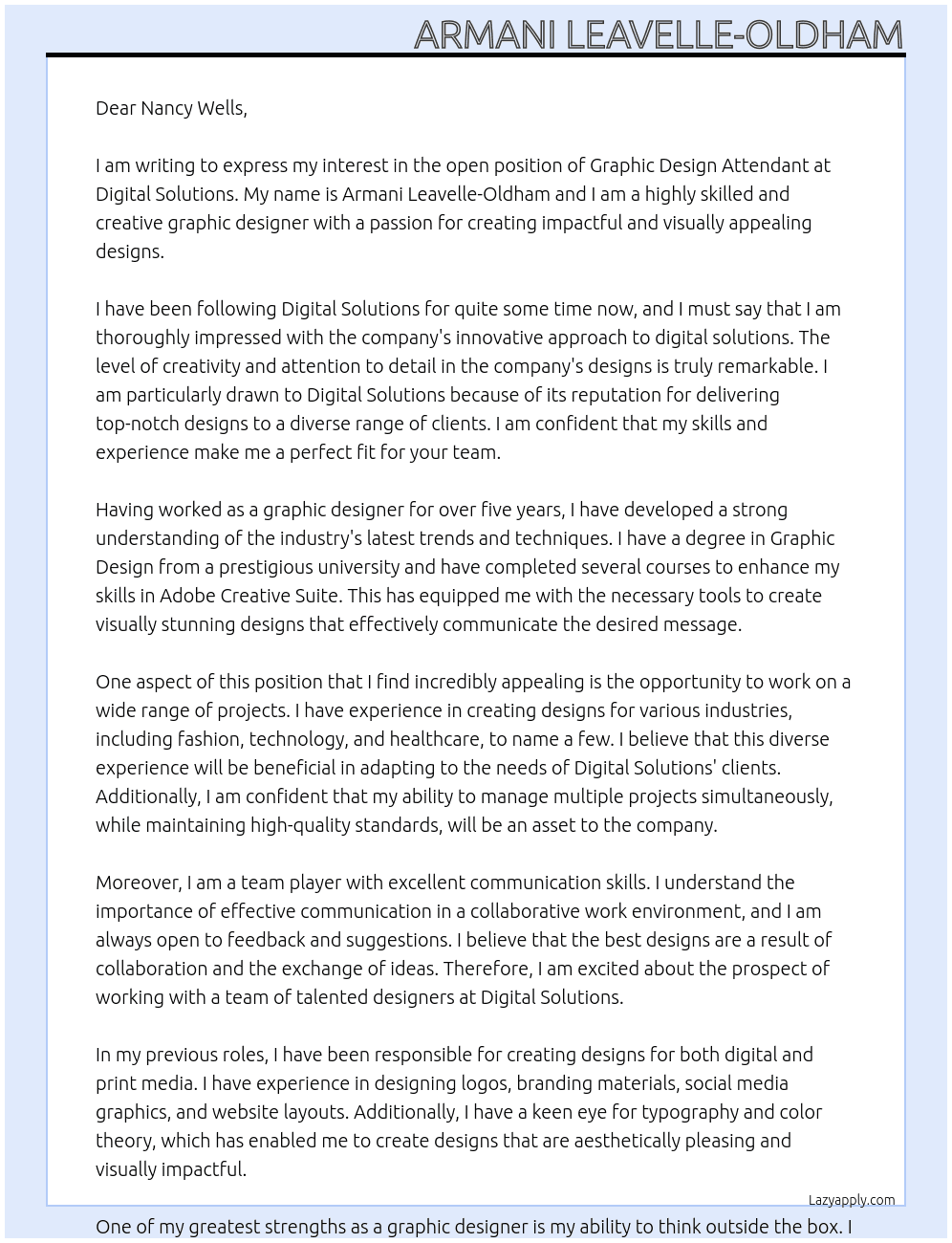 Graphic Design Attendant At Digital Solutions  Cover Letter