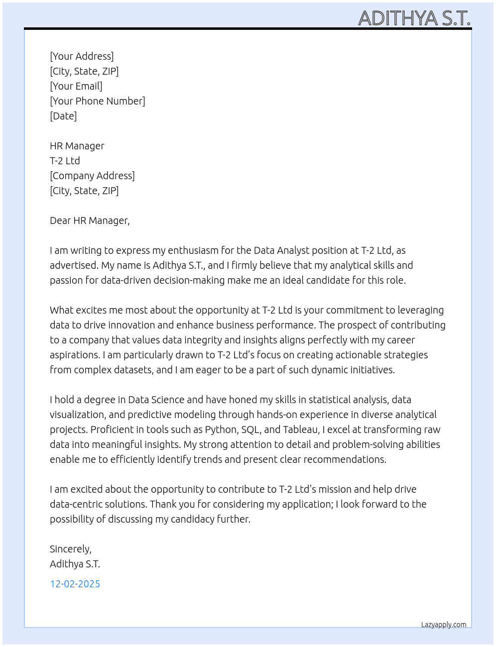 Data Analyst At T-2 Ltd Cover Letter