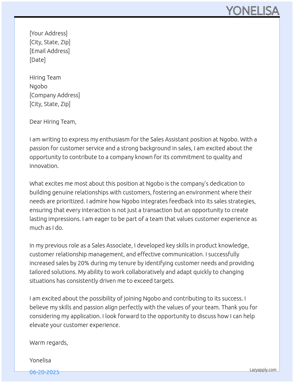 Sales assistant  At Ngobo Cover Letter