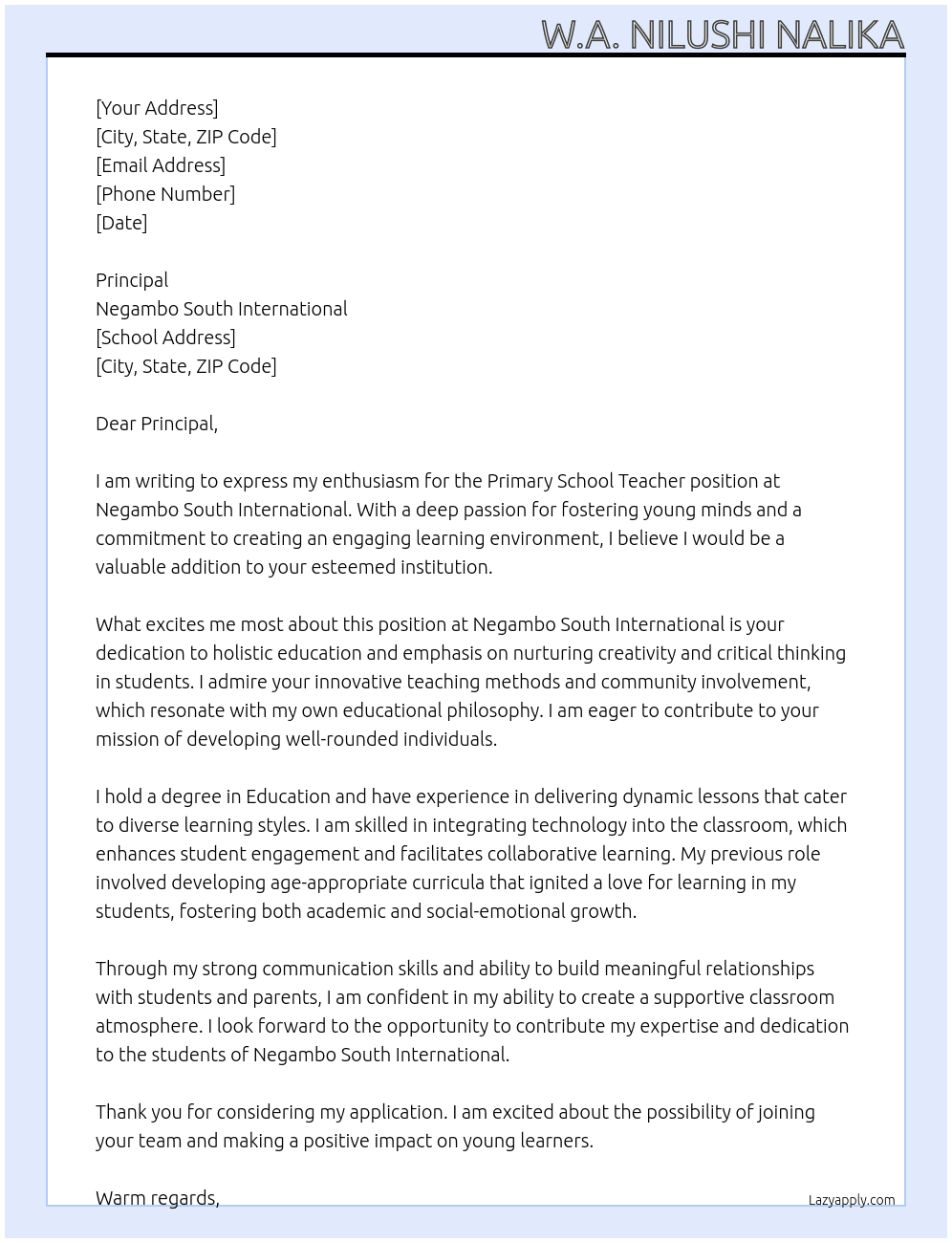 Primary school Teacher At Negambo South International Cover Letter