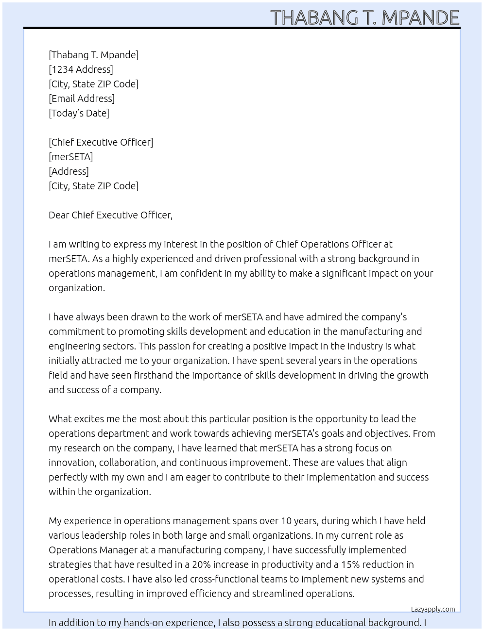 Chief Operations Officer At merSETA Cover Letter