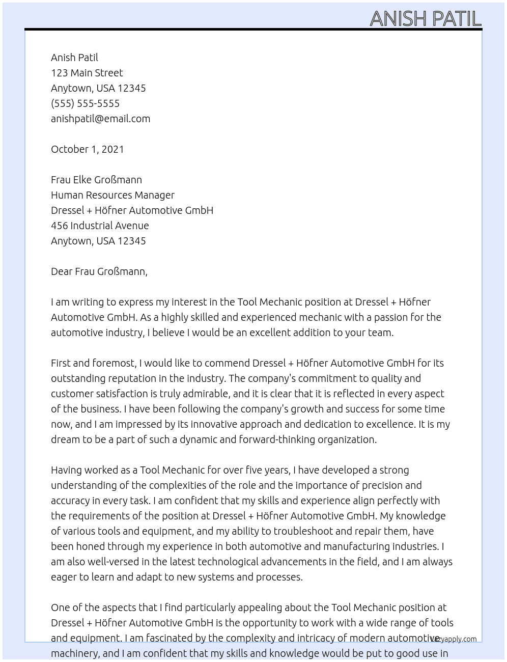 Cover letter for tool mechanic - LazyApply