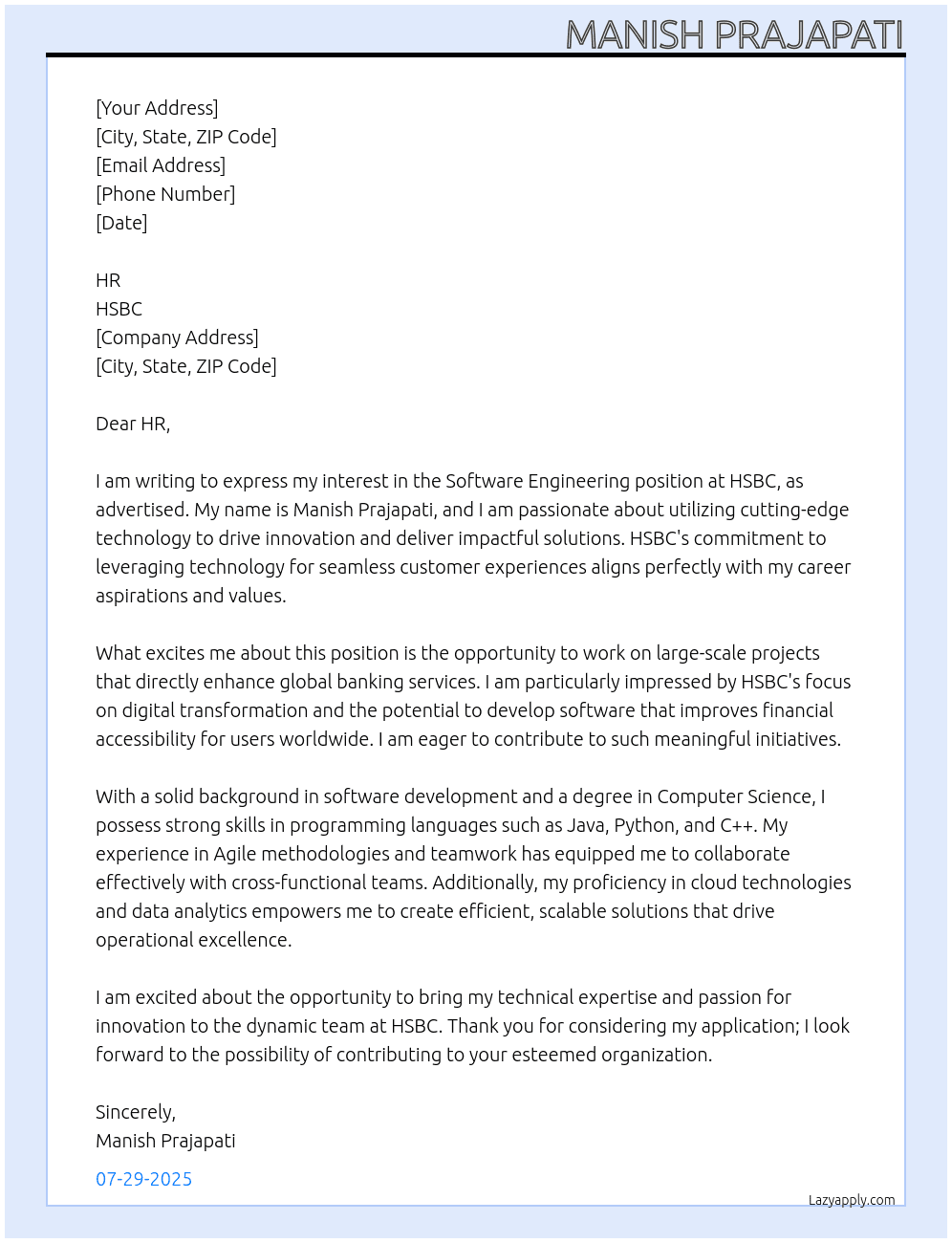 Software engineering At HSBC Cover Letter