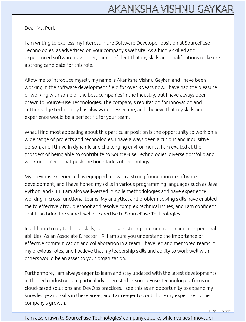 software devloper At SourceFuse Technologies Cover Letter