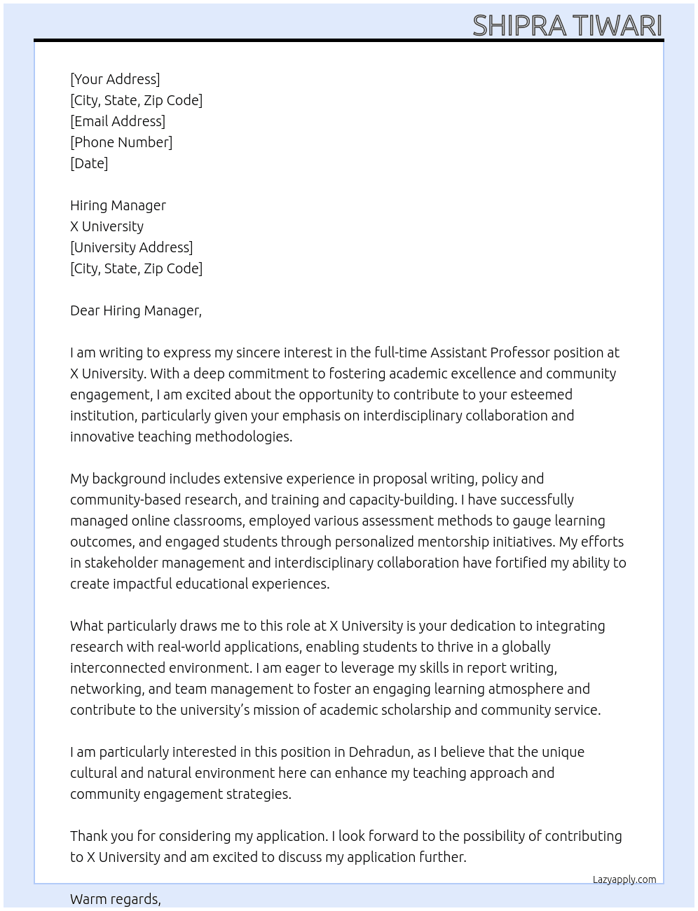 Assistant Professor At X University Cover Letter
