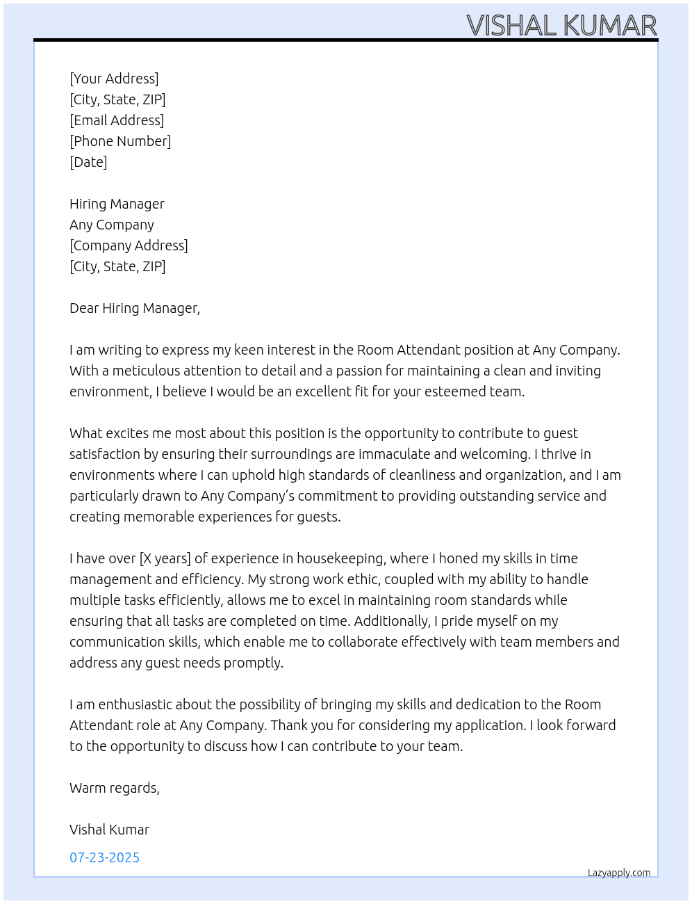 Room attendant  At Any Cover Letter